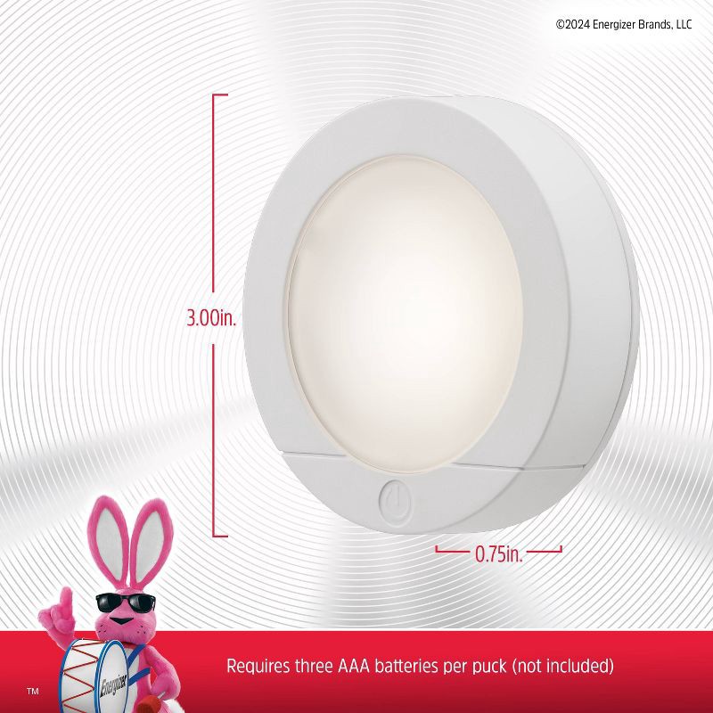 slide 12 of 12, Energizer 2pk LED Battery Operated LED Puck Lights Indoor Touch Activated 20lm White: Tap Light for Closet, UL Listed, 2 ct