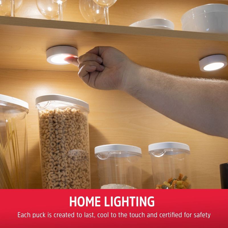 slide 4 of 12, Energizer 2pk LED Battery Operated LED Puck Lights Indoor Touch Activated 20lm White: Tap Light for Closet, UL Listed, 2 ct