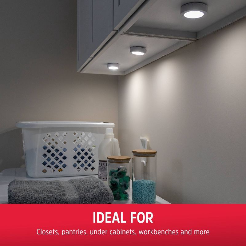 slide 5 of 12, Energizer 2pk LED Battery Operated LED Puck Lights Indoor Touch Activated 20lm White: Tap Light for Closet, UL Listed, 2 ct