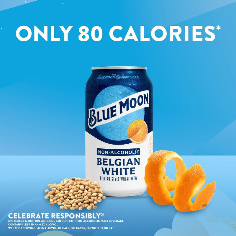 slide 4 of 7, Blue Moon Non-Alcoholic Belgian Wheat - 6pk/12 fl oz Cans, 6 ct; 12 fl oz