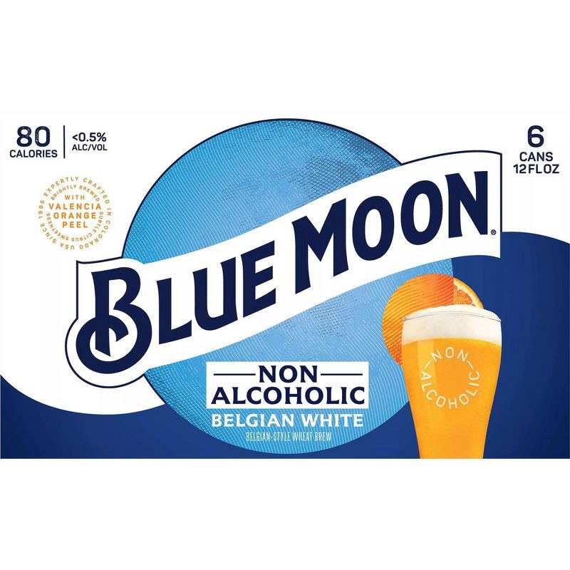 slide 7 of 8, Blue Moon Non-Alcoholic Beer Belgian Wheat - 6pk/12 fl oz Cans, 6 ct; 12 fl oz