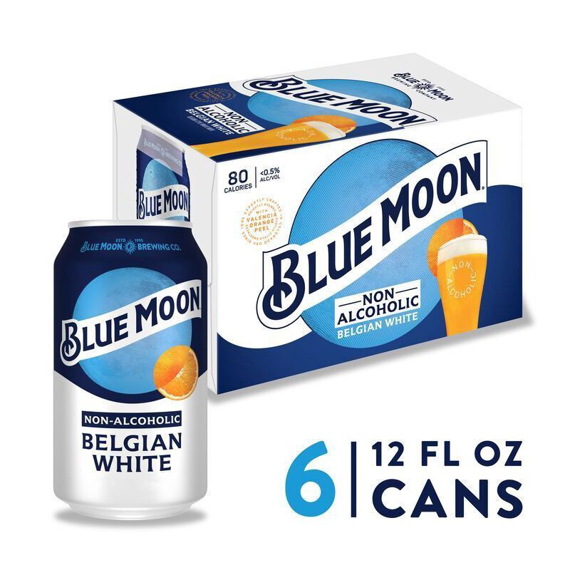 slide 1 of 7, Blue Moon Non-Alcoholic Belgian Wheat - 6pk/12 fl oz Cans, 6 ct; 12 fl oz