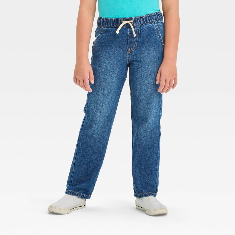 slide 1 of 3, Boys' Straight Fit Pull-On Pants - Cat & Jack™ Medium Wash 16: Denim, Mid Rise, Elastic Waistband, Machine Washable, 1 ct