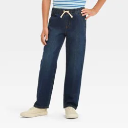 Boys' Straight Fit Pull-On Pants - Cat & Jack™ Dark Blue 14: Denim, Mid Rise, Elastic Waist, Machine Washable
