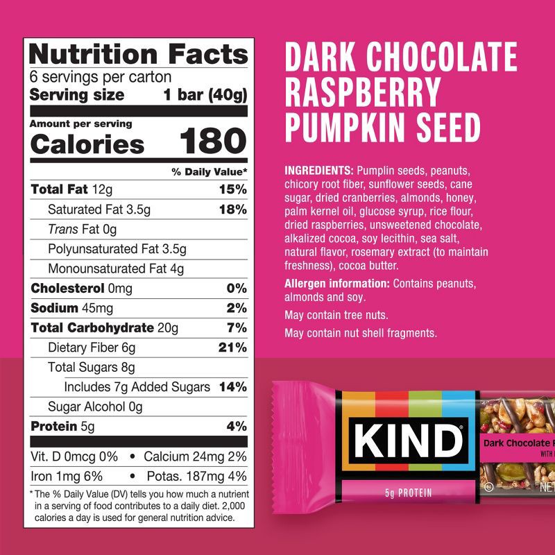 slide 4 of 10, KIND Bars Dark Chocolate Raspberry Pumpkin Seed Gluten Free Snacks - 8.4oz/6ct, 6 ct; 8.4 oz