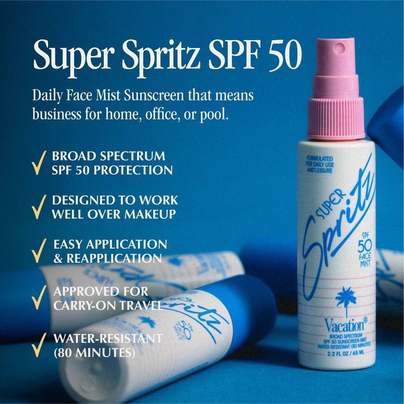 slide 8 of 10, Vacation Super Spritz Face Mist - SPF 50 - 1 fl oz, 50 ct; 1 fl oz