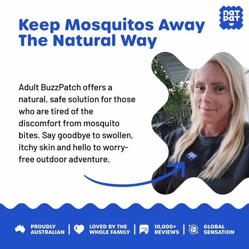 slide 4 of 9, NATPAT 24ct "BuzzPatch" Adult Mosquito Repellent Stickers Natural and Non-Toxic Ideal for Camping and Travel, 24 ct