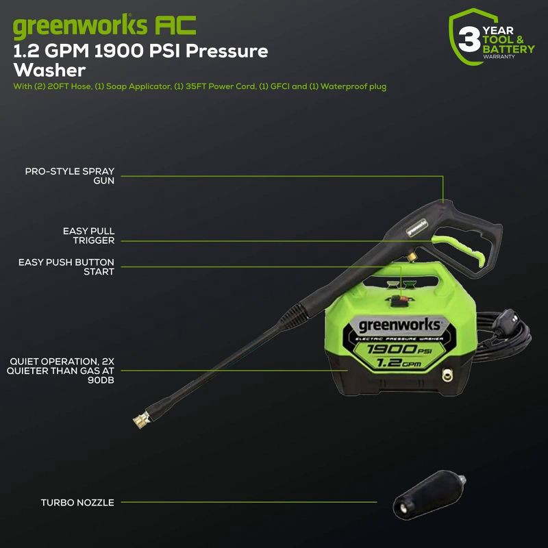 slide 8 of 9, Greenworks 1900 PSI 1.2 GPM Electric Pressure Washer, 1 ct