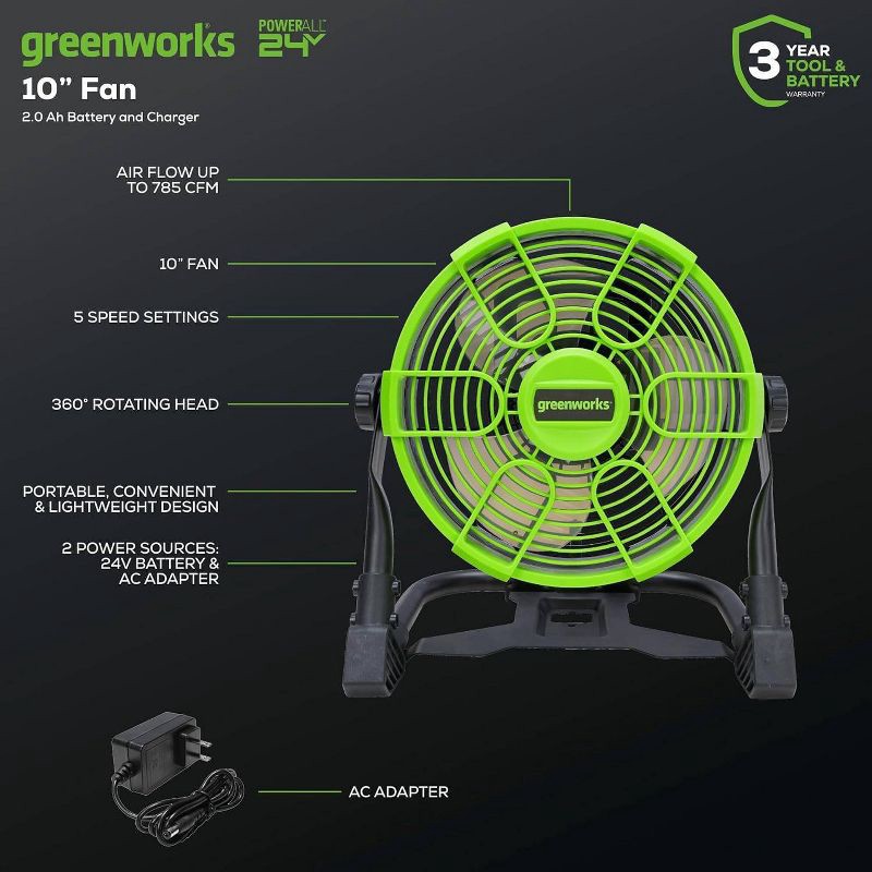 slide 9 of 12, Greenworks POWERALL 24V 10" Cordless Hybrid Fan with 2.0Ah Battery and Charger, 1 ct