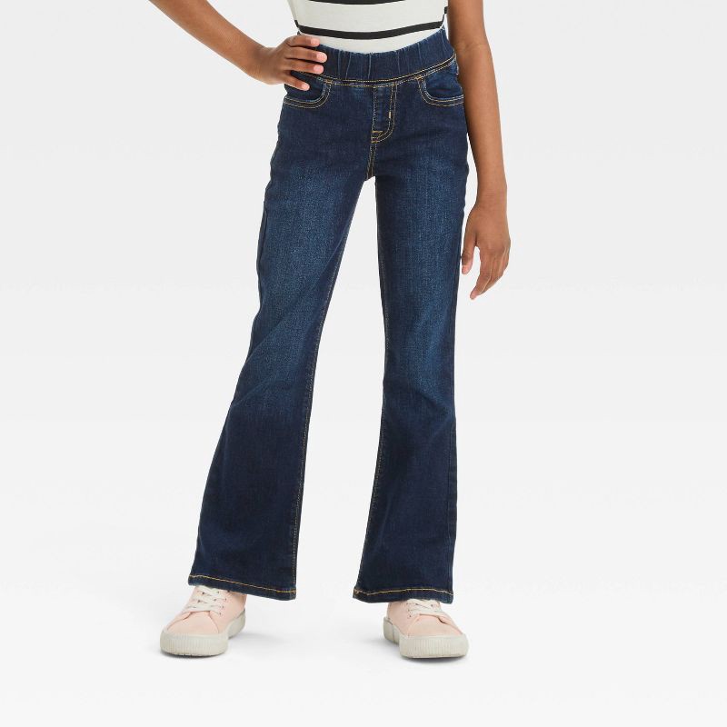slide 1 of 3, Girls' Mid-Rise Pull-On Flare Jeans - Cat & Jack™ Dark Wash 12: Cotton Blend, Elastic Waist, Denim Jegging, 25.75" Inseam, 1 ct