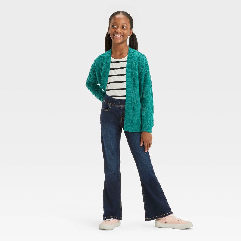 slide 3 of 3, Girls' Mid-Rise Pull-On Flare Jeans - Cat & Jack™ Dark Wash 16: Stretch Denim, Full Elastic Waistband, 1 ct