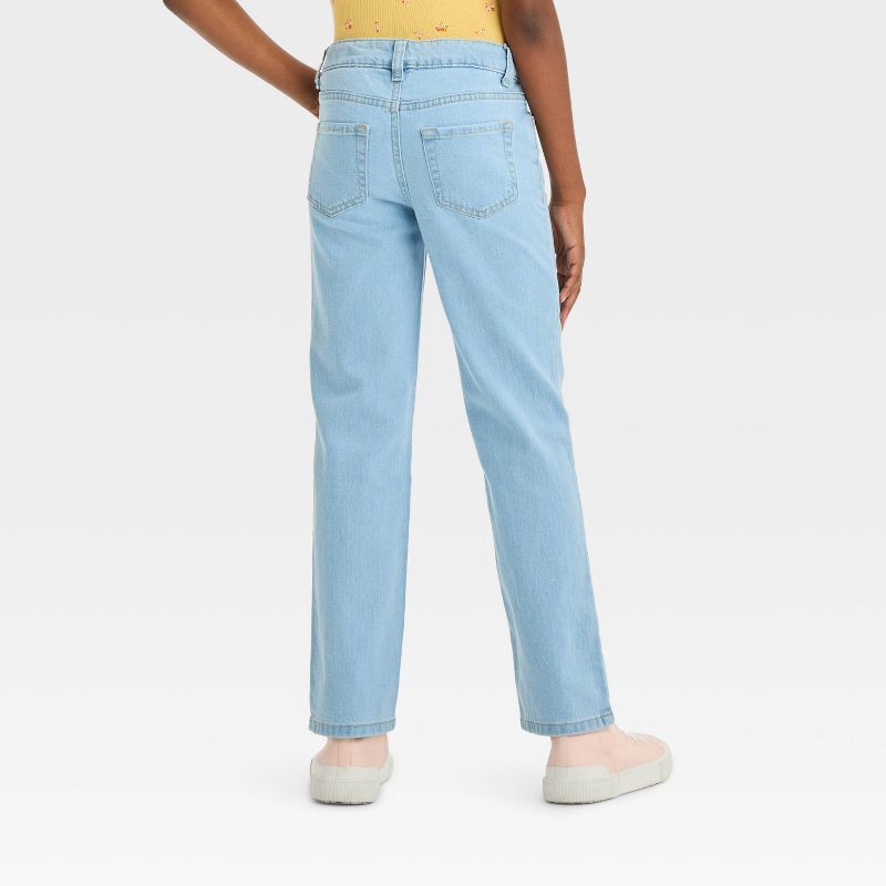 slide 2 of 3, Girls' Mid-Rise Denim Straight Jeans - Cat & Jack™ Light Wash 8: Adjustable Waistband, Stretch, Machine Washable, 24" Inseam, 1 ct