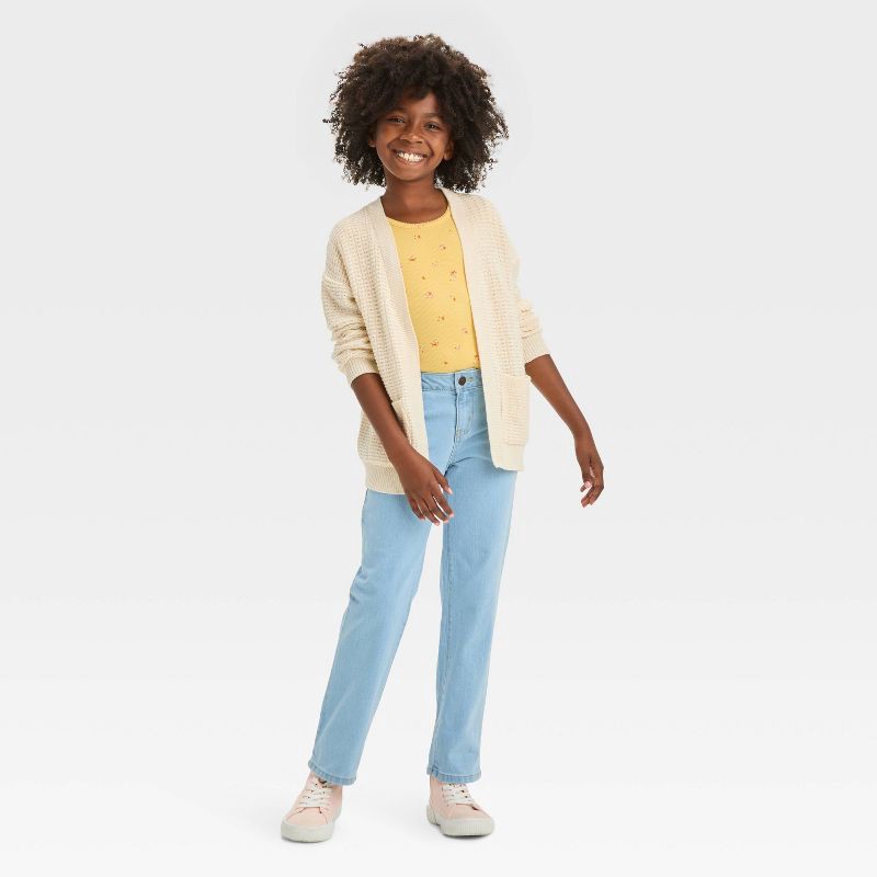 slide 3 of 3, Girls' Mid-Rise Denim Straight Jeans - Cat & Jack™ Light Wash 8: Adjustable Waistband, Stretch, Machine Washable, 24" Inseam, 1 ct