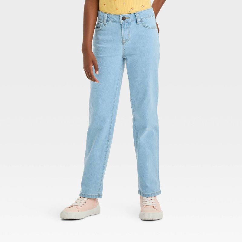 slide 1 of 3, Girls' Mid-Rise Denim Straight Jeans - Cat & Jack™ Light Wash 8: Adjustable Waistband, Stretch, Machine Washable, 24" Inseam, 1 ct