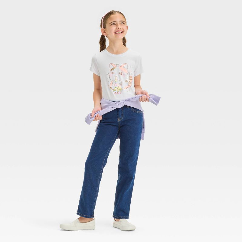 slide 3 of 3, Girls' Mid-Rise Denim Straight Jeans - Cat & Jack™ Dark Wash 5: Adjustable Waistband, Stretch Fabric, 1 ct