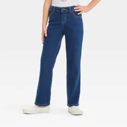Girls' Mid-Rise Denim Straight Jeans - Cat & Jack™ Dark Wash 12: Adjustable Waistband, Full Length