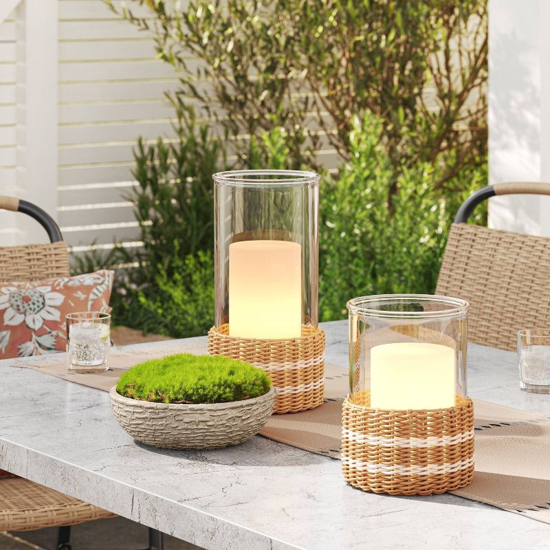 slide 2 of 3, Threshold designed w/Studio McGee 8.5"x6.3" Pillar Glass and Rattan Lantern Candle Holders Brown - Threshold™ designed with Studio McGee, 1 ct