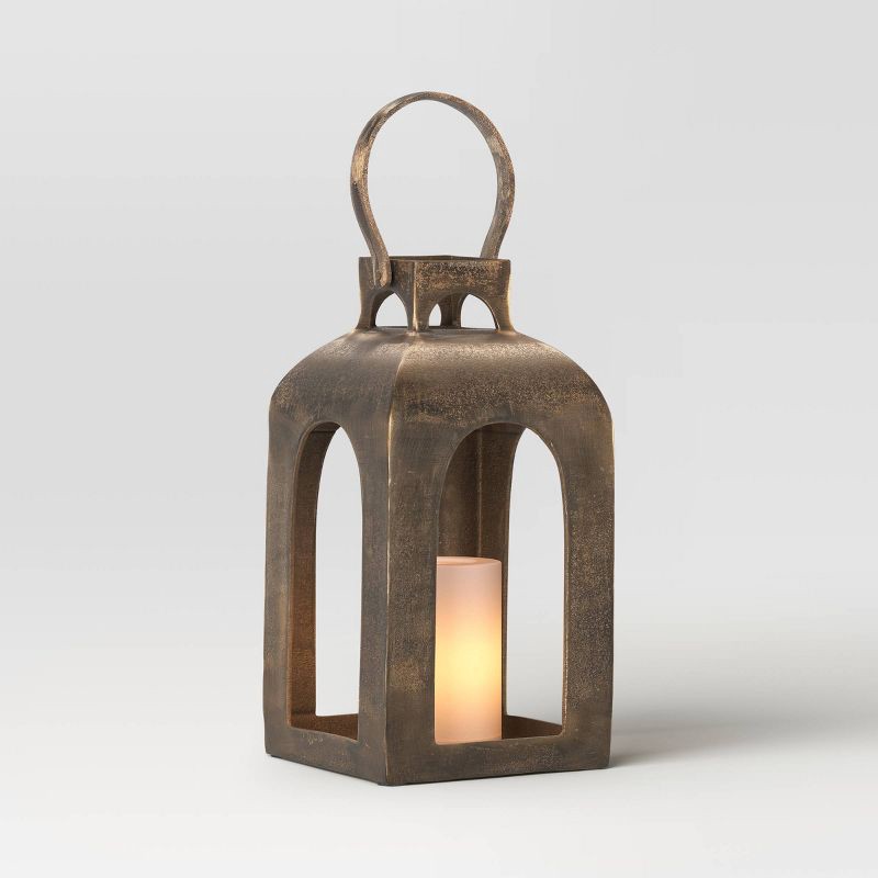 slide 3 of 5, 13"x7.5" Pillar Cast Aluminum Lantern Candle Holders Gold - Threshold™, 1 ct