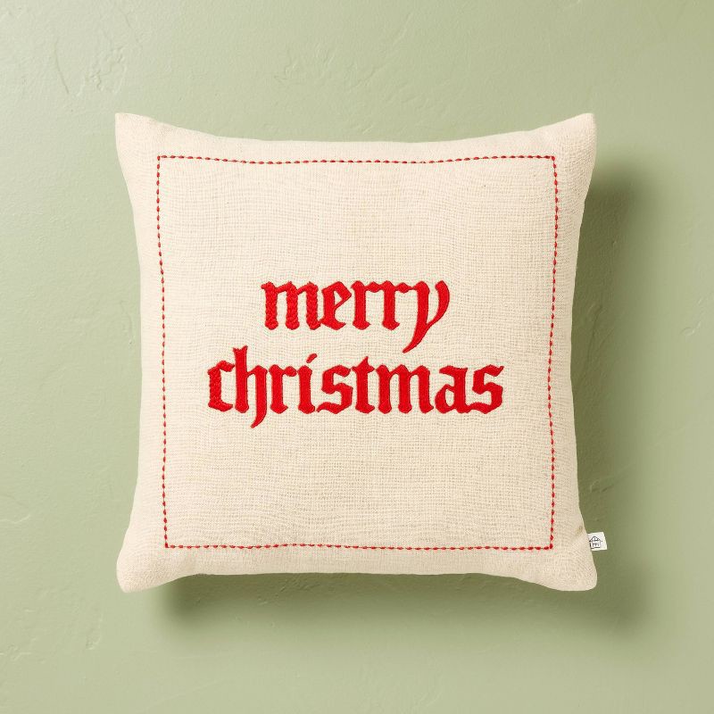 slide 1 of 4, Hearth & Hand with Magnolia 16"x16" Merry Christmas Embroidered Square Throw Pillow - Hearth & Hand™ with Magnolia, 1 ct