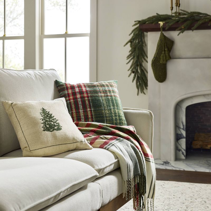 slide 2 of 4, Hearth & Hand with Magnolia 18"x18" Christmas Plaid Woven Square Throw Pillow - Hearth & Hand™ with Magnolia, 1 ct