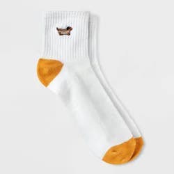 Women's Embroidered Hot Dog Ribbed Ankle Socks - Ivory 4-10: Recycled Polyester, Banded Cuff, Animal Icon