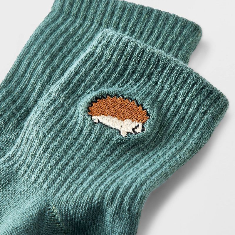 slide 3 of 3, Women's Embroidered Hedgehog Ribbed Ankle Socks - Green 4-10: Lightweight, Recycled Polyester, Banded Cuff, Machine Washable, 1 ct