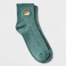 Women's Embroidered Hedgehog Ribbed Ankle Socks - Green 4-10: Lightweight, Recycled Polyester, Banded Cuff, Machine Washable