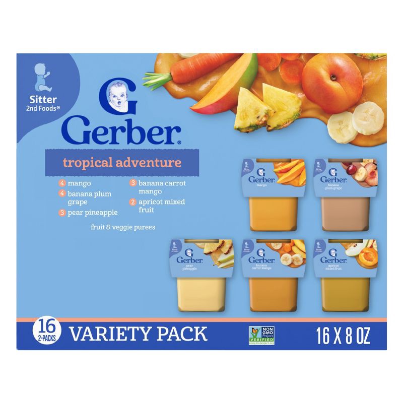 slide 1 of 5, Gerber Baby Food Stage 2 Tropical Adventure Variety Pack Puree 2oz Tubs (32 Pack), 2 oz, 32 ct