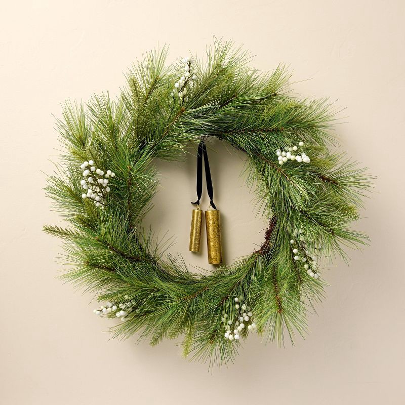 slide 1 of 3, Hearth & Hand with Magnolia 26" Faux Needle Pine & Snowberry Christmas Wreath with Bell Ornaments - Hearth & Hand™ with Magnolia, 1 ct