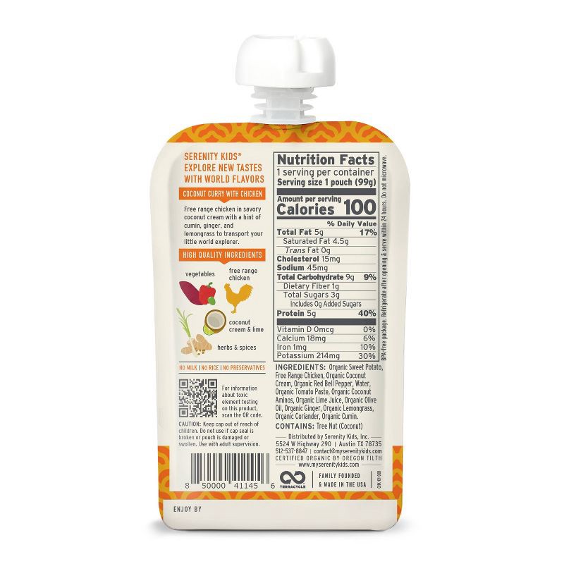 slide 3 of 8, Serenity Kids World Explorer Coconut Curry with Free Range Chicken and Organic Vegetables Baby Food Pouch - 3.5oz, 3.5 oz