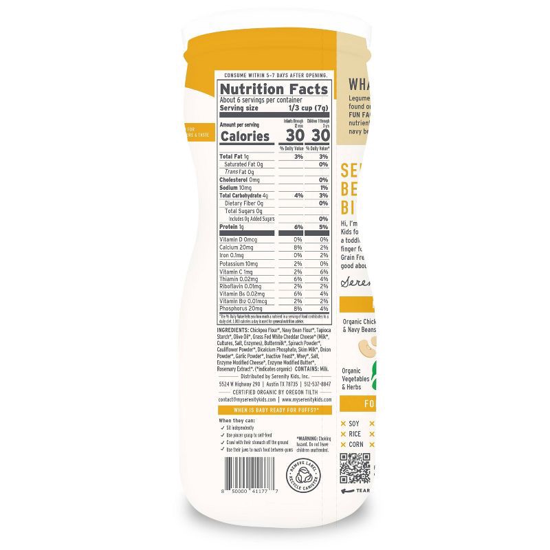 slide 3 of 9, Serenity Kids Grass Fed Cheddar and Organic Cauliflower & Spinach Grain Free Puffs Baby & Toddler Snacks - 1.5oz, 1.5 oz