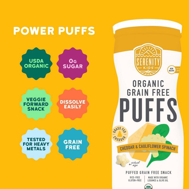 slide 2 of 9, Serenity Kids Grass Fed Cheddar and Organic Cauliflower & Spinach Grain Free Puffs Baby & Toddler Snacks - 1.5oz, 1.5 oz