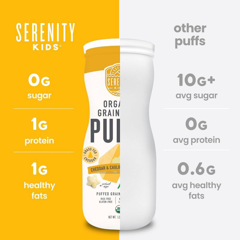 slide 4 of 9, Serenity Kids Grass Fed Cheddar and Organic Cauliflower & Spinach Grain Free Puffs Baby & Toddler Snacks - 1.5oz, 1.5 oz