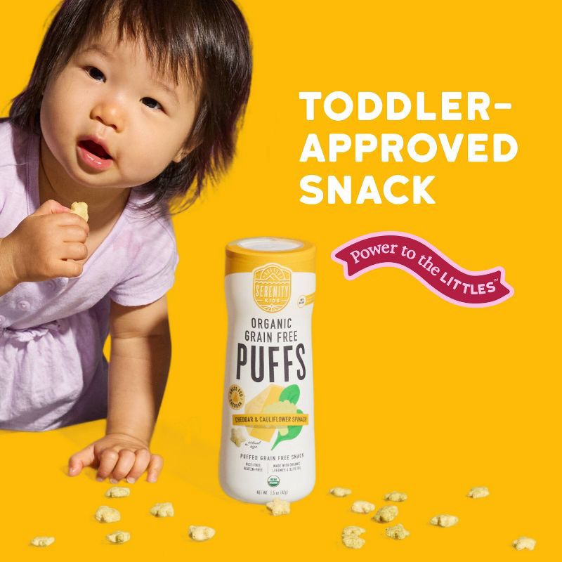 slide 5 of 9, Serenity Kids Grass Fed Cheddar and Organic Cauliflower & Spinach Grain Free Puffs Baby & Toddler Snacks - 1.5oz, 1.5 oz