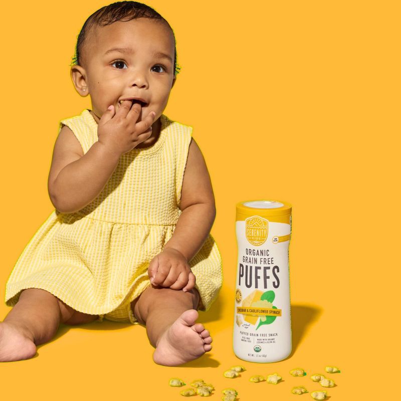slide 7 of 9, Serenity Kids Grass Fed Cheddar and Organic Cauliflower & Spinach Grain Free Puffs Baby & Toddler Snacks - 1.5oz, 1.5 oz