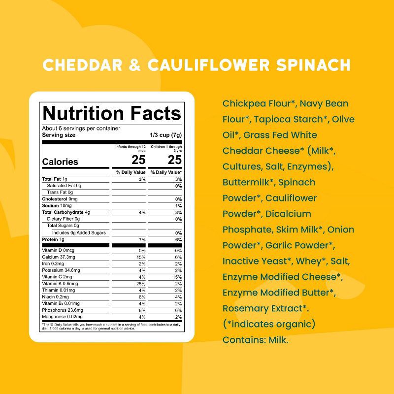 slide 8 of 9, Serenity Kids Grass Fed Cheddar and Organic Cauliflower & Spinach Grain Free Puffs Baby & Toddler Snacks - 1.5oz, 1.5 oz