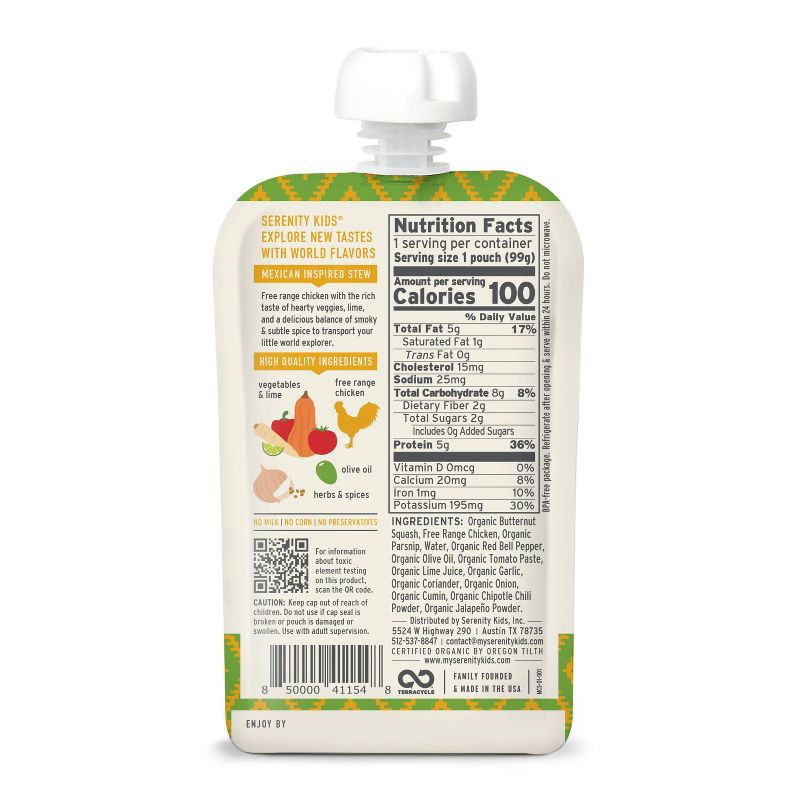 slide 3 of 8, Serenity Kids World Explorer Free Range Chicken Mexican Inspired Stew with Organic Vegetables Baby Food Pouch - 3.5oz, 3.5 oz