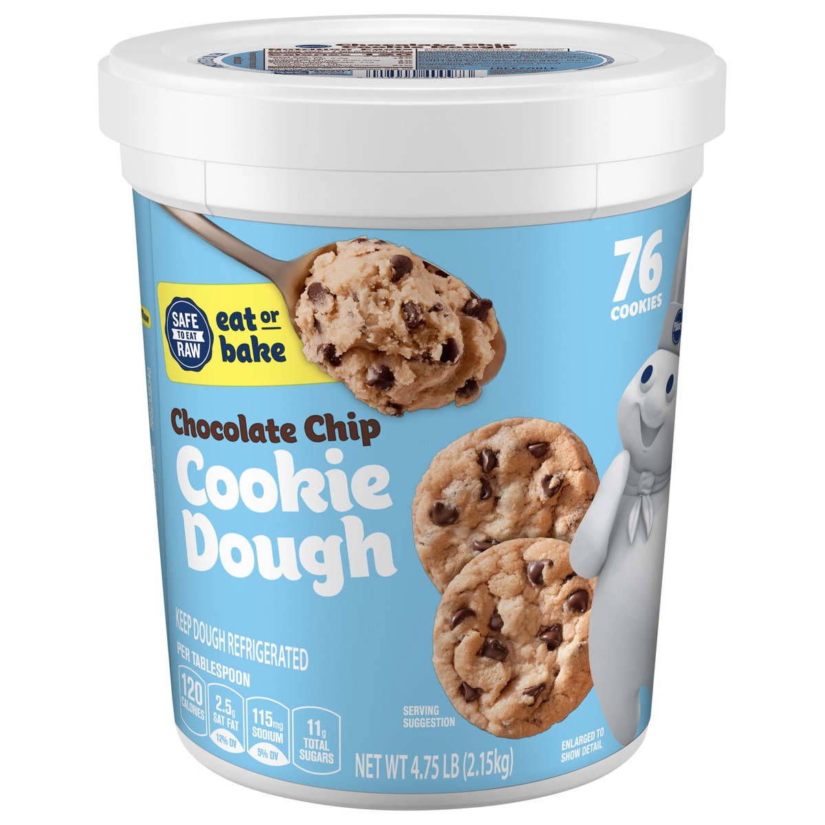 slide 1 of 9, Pillsbury Refrigerated Chocolate Chip Cookie Dough, Eat or Bake- 4.75 lb, 76 ct