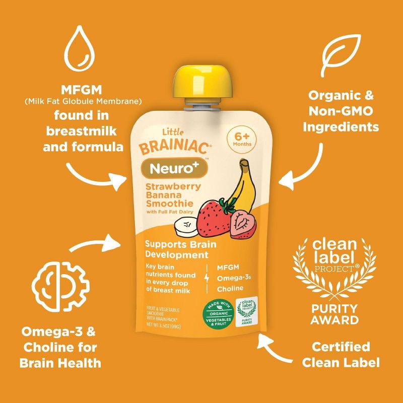 slide 4 of 6, Brainiac Kids' Little Brainiac Neuro Smoothie Baby Meals - Strawberry Banana - 3.5oz, 3.5 oz