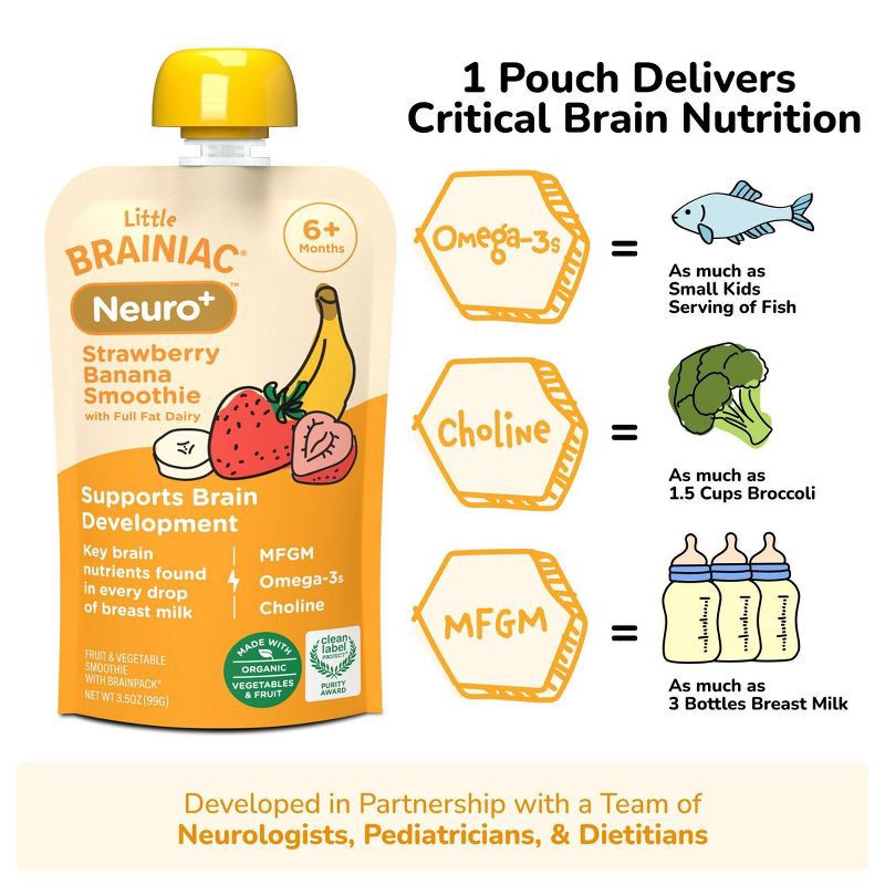 slide 7 of 10, Brainiac Kids Little Brainiac Neuro+ Smoothie Baby Food Pouch with Omega 3s - Strawberry Banana - 3.5oz, 3.5 oz