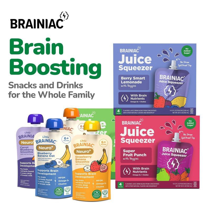 slide 10 of 10, Brainiac Kids Little Brainiac Neuro+ Smoothie Baby Food Pouch with Omega 3s - Strawberry Banana - 3.5oz, 3.5 oz