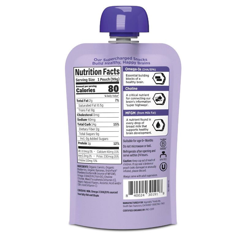 slide 2 of 9, Brainiac Kids Little Brainiac Neuro+ Smoothie Baby Food Pouch with Omega 3s - Carrot Blueberry- 3.5oz, 3.5 oz