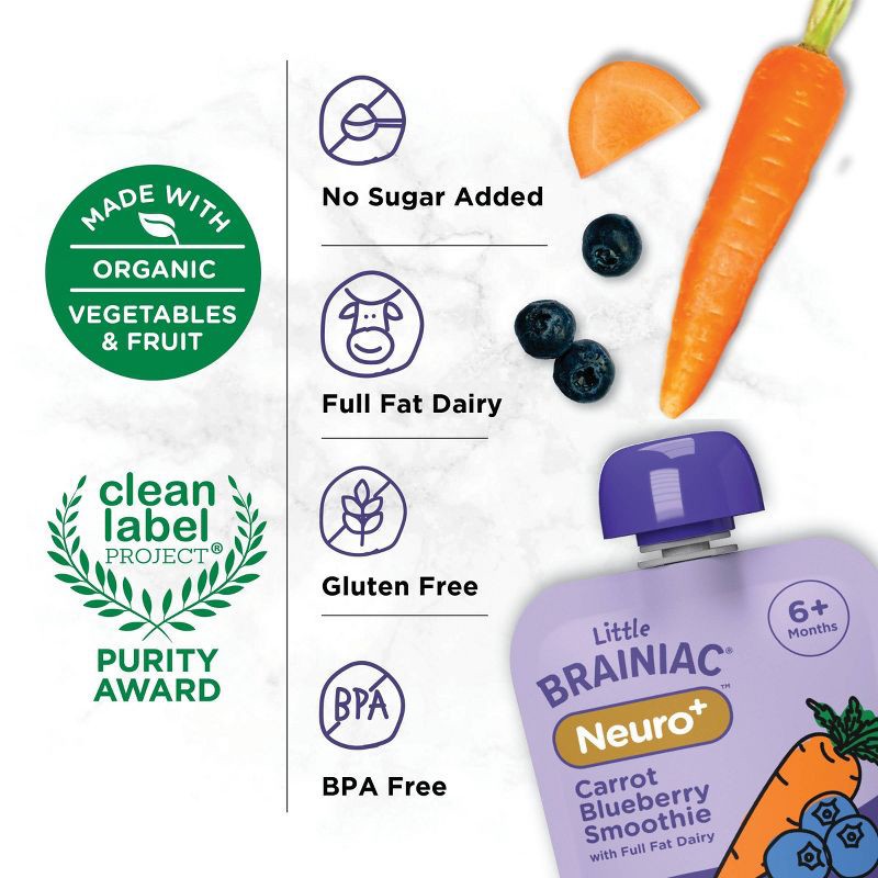 slide 3 of 9, Brainiac Kids Little Brainiac Neuro+ Smoothie Baby Food Pouch with Omega 3s - Carrot Blueberry- 3.5oz, 3.5 oz