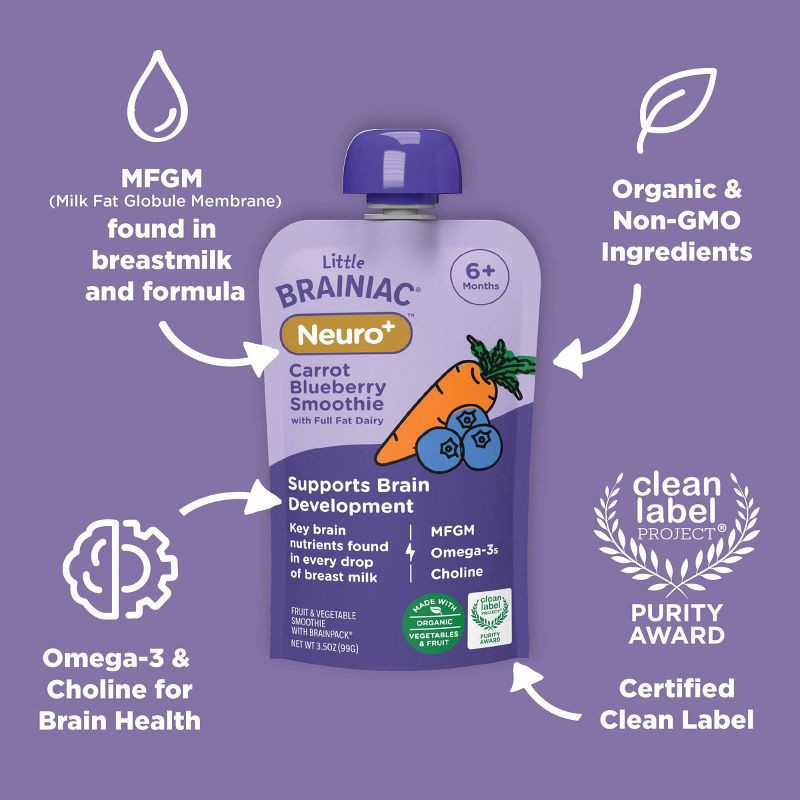 slide 4 of 9, Brainiac Kids Little Brainiac Neuro+ Smoothie Baby Food Pouch with Omega 3s - Carrot Blueberry- 3.5oz, 3.5 oz