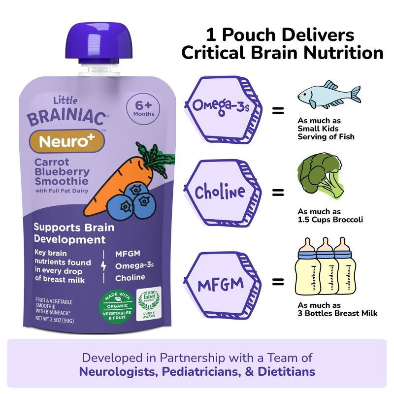 slide 5 of 9, Brainiac Kids Little Brainiac Neuro+ Smoothie Baby Food Pouch with Omega 3s - Carrot Blueberry- 3.5oz, 3.5 oz