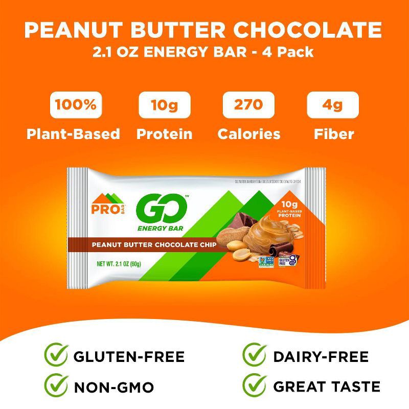 slide 2 of 6, PROBAR Peanut Butter Chocolate Chip Go Energy Bar - 8.4oz/4pk: Sports Performance, 10g Protein, 8.4 oz, 4 ct, 10 gram