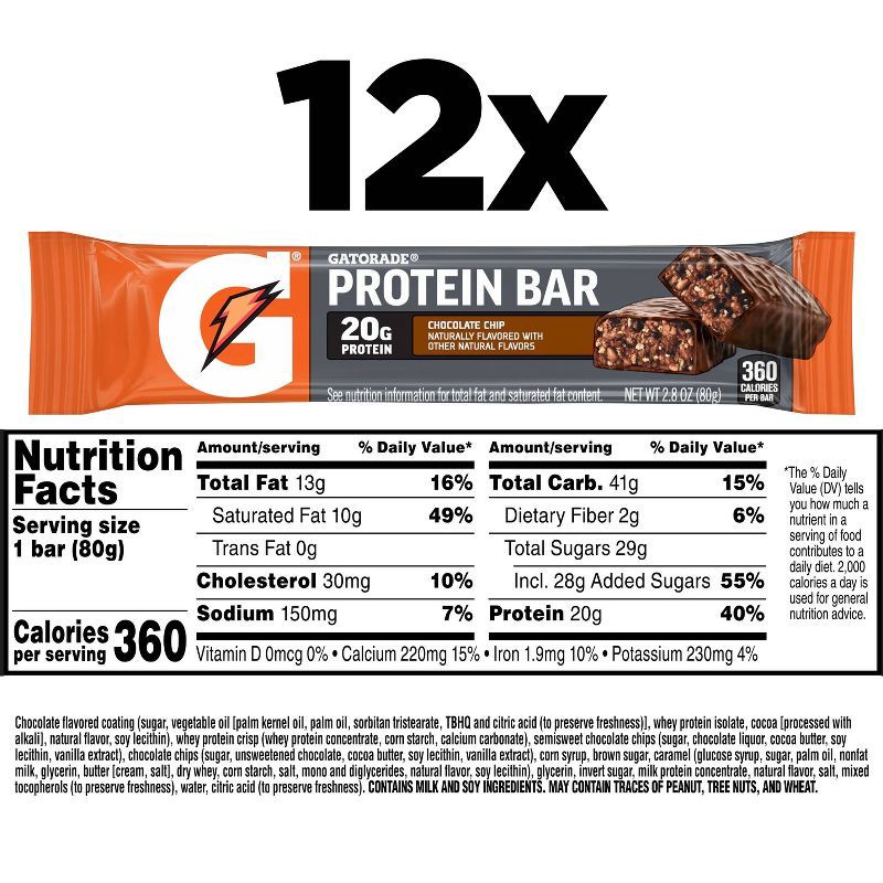 slide 7 of 11, Gatorade Chocolate Chip Protein Bar with 20g Protein - 2.8 oz: Muscle Growth, Sports Performance, 20 gram, 2.8 oz
