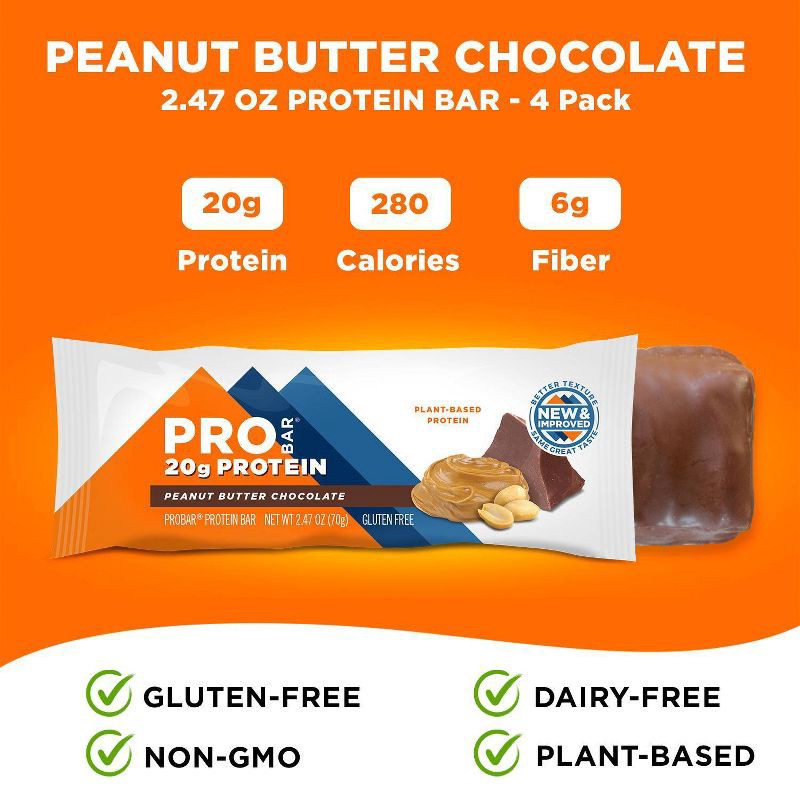 slide 2 of 5, PROBAR Peanut Butter Chocolate Protein Bar - 10oz/4pk: 20g Protein, Chewy Texture, 10 oz, 4 ct, 20 gram