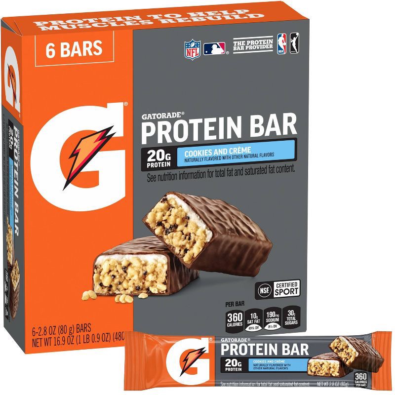 slide 1 of 6, Gatorade Organic Protein Bar Cookies and Cream Protein Bar - 16.9oz/6ct: Muscle Growth, 20g Protein, 16.9 oz, 6 ct, 20 gram