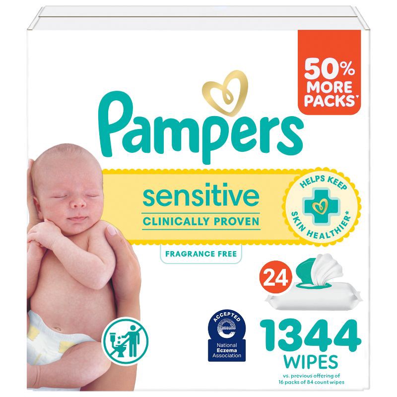 slide 1 of 15, Pampers Baby Wipes - Sens - 1344ct: Pop-Up Dispenser, No Fragrance Added, Hypoallergenic, Paraben-Free, 1344 ct